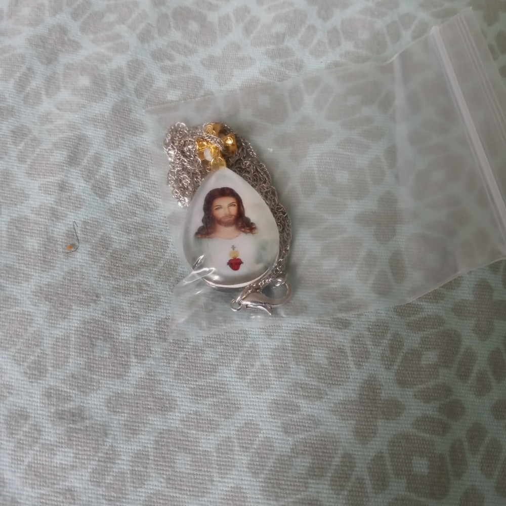 Silver and gold onyx Jesus necklace with diamond